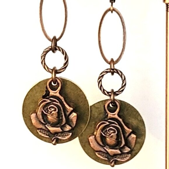 Beautiful ROSE Coin Charm Earrings Copper Brass Lever Back Earwires Two Tone - Picture 9 of 9